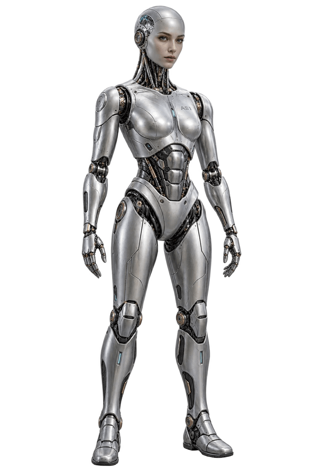 AstraSentra AS1 humanoid concept in a sleek fitted suit and continuous visor