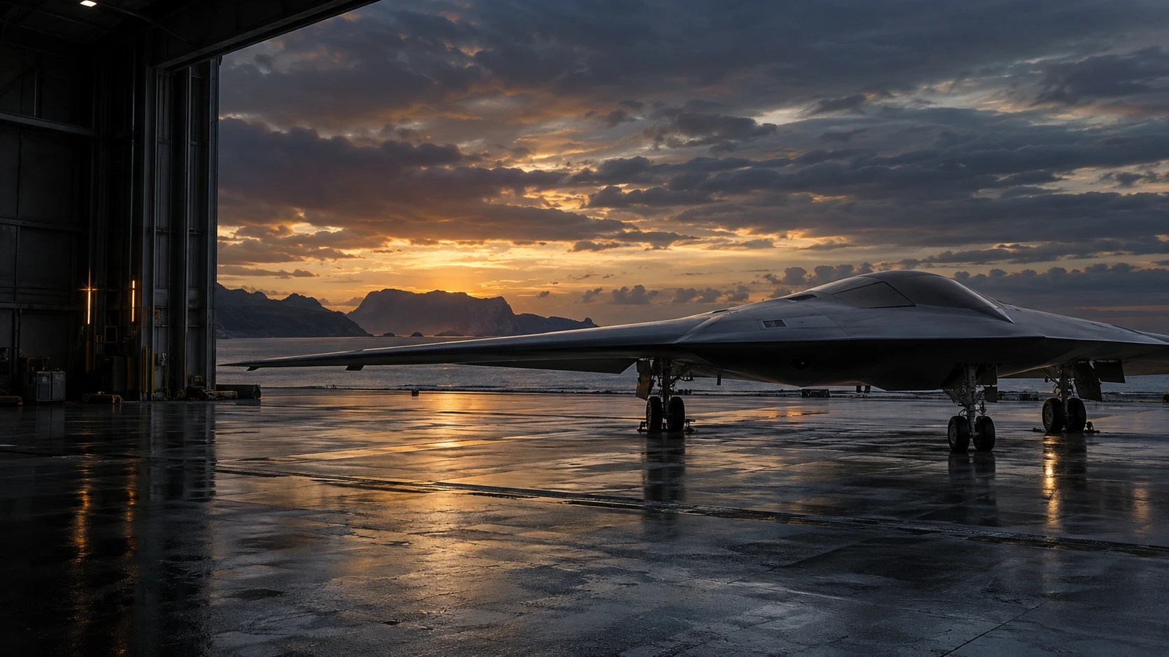 Futuristic visual of a flying-wing aircraft at a coastal hangar at dawn.